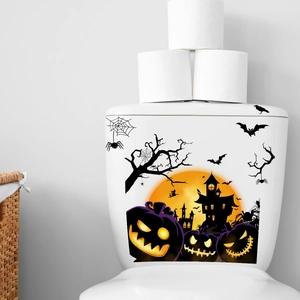 Halloween toilet sticker with pumpkin, bats and witch on white tank for festive decor
