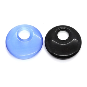 Polished round 40mm natural stone pendants in blue cat eye and black obsidian with center hole