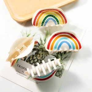Rainbow pattern PVC hair claw clip set for women with 5-tooth design and secure spring