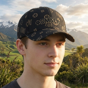 Black baseball cap with gold DM&LA embroidery and floral prints worn outdoors