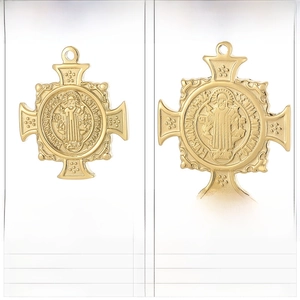 Size comparison and specifications of gold Saint Benedict stainless steel pendants