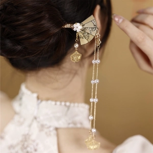Pic À Cheveux Chinois Vintage Éventail Pliant Épingle À Cheveux En Alliage Creux Avec Franges De Künstliche Perles Et Feuille De Ginkgo