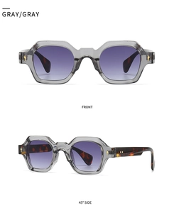 Gray transparent frame sunglasses with purple gradient lenses and tortoise temples