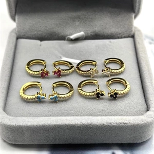 Elegant set of four S925 silver flower hoop earrings in gold with colorful gemstones