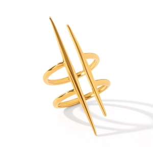 Detail view of gold stainless steel open ring with modern irregular spike design