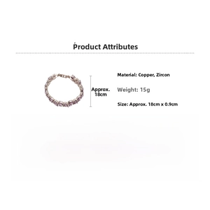 Detail showing purple zircon tennis bracelet dimensions with 18cm length and 15g weight