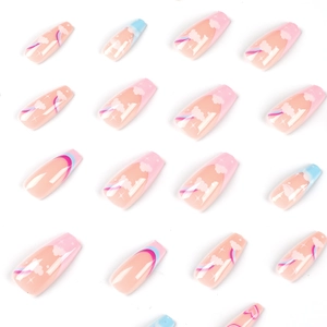 Rainbow clouds and macaron colors on long coffin press-on nails for a trendy look