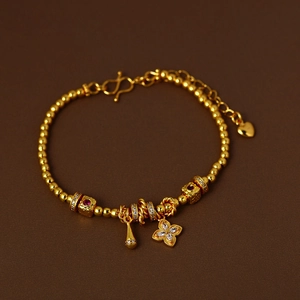 Bracelet fleurs plaqué or 24 carats avec gemmes rouges et zircon de style rétro