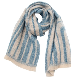 Detailed texture of blue and beige vertical striped knit scarf on a white background