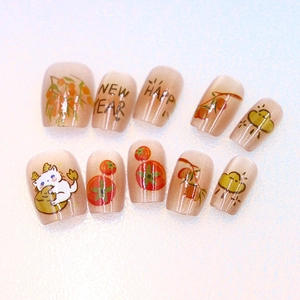 Cat eye press-on nails set featuring red persimmons and cute dragon design for New Year