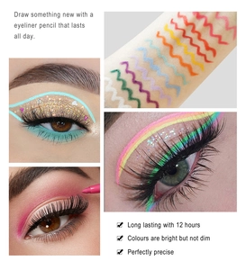 Macro-opname van waterdichte kleurrijke eyeliner-gelpennen met 12 uur langdurige swatches