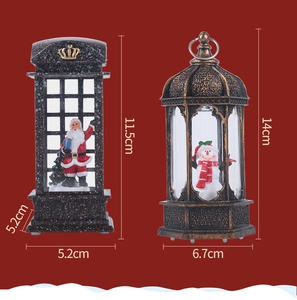 Detailed size comparison of festive Christmas lanterns with Santa and Snowman motifs
