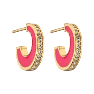 Pink enamel C-shape stud earrings with micro-set zircons on a gold-plated base