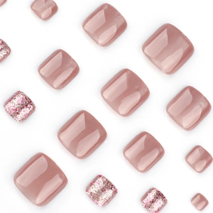 Sparkly cat eye and glitter press-on toe nails in dusty rose pink for daily wear