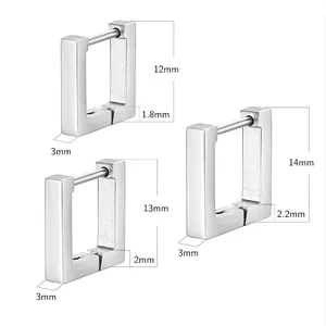 Three sizes of geometric rectangular hoop earrings in silver stainless steel for women