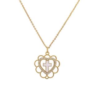 Minimalist gold hollow heart necklace with cross pendant and micro-set cubic zirconia