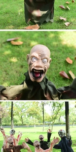 Detail of Halloween zombie stakes showing realistic face textures and group garden placement