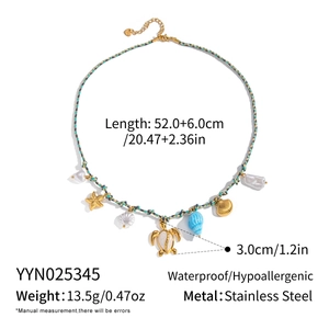 Detailed view of handmade rope necklace with seashell charms and size specifications
