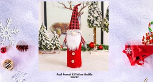 Detail of red forest gnome wine bottle cover with plaid hat and plush white beard
