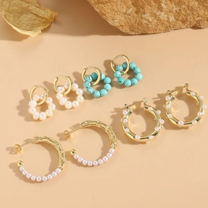 Elegant 14K gold-plated hoops with freshwater pearls and blue stones for women