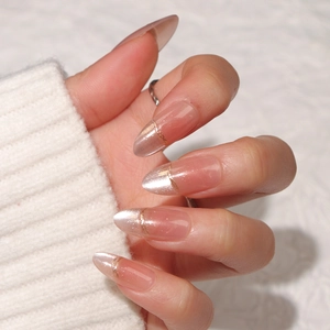Elegant French Style Cat Eye Press On Nails Silver Glitter Gold Line Nude Pink Almond Shape False Nails Women