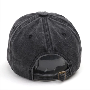 Adjustable washed grey denim baseball cap with vintage metal buckle back view
