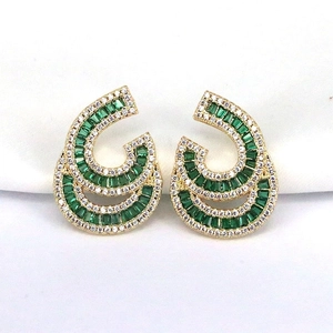 Elegant gold C-shaped earrings with green rectangular stones and white zircon accents