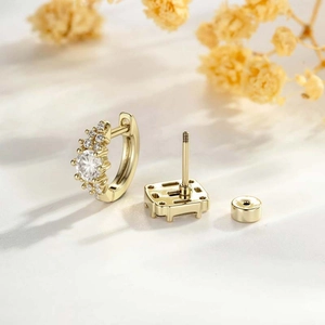 Golden coffee-tone geometric hoop earrings with sparkling cubic zirconia and screw back