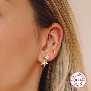 S925 sterling silver gold earrings set with floral studs and geometric ear cuffs