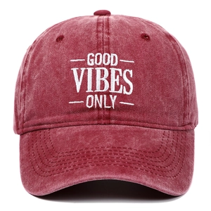 Vintage washed burgundy baseball cap with white Good Vibes Only embroidery
