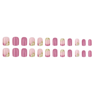 Short pink and purple press-on nails set with lemon patterns and 24 pieces of nail art tips