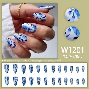 Blue cloud floral almond press-on nails set with 24 pieces of glossy long fake nails