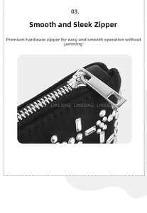 Macro detail of high-quality smooth silver metal zipper on rhinestone evening bag