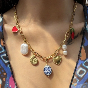 Collier À Pendentifs Mixtes Acier Inoxydable Cœur Künstliche Perle Baroque Coquillage Piment Fleur Porcelaine Bijoux Bohème Femme
