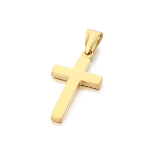 Minimalist golden stainless steel cross pendant with polished finish on white background