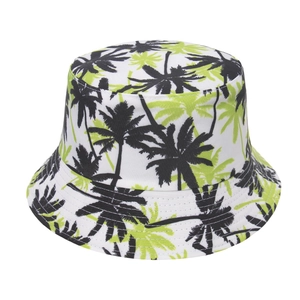 Unisex tropical bucket hat with neon palm tree prints for outdoor summer sun protection
