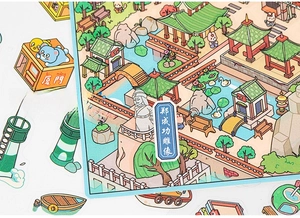 Close-up of 3D PET city landscape stickers featuring Xiamen landmarks and gardens
