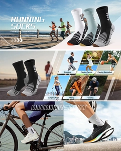 Collage of breathable athletic mid-crew socks for running, tennis, and outdoor sports