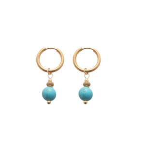 French vintage gold hoop earrings with turquoise pendant and brown beads on white background