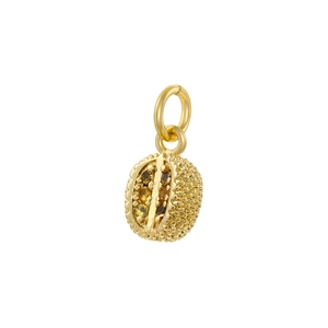 Macro detail of golden durian fruit pendant with brown crystal inlay and textured finish