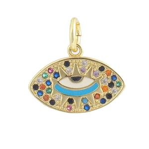Detailed view of 18K gold plated evil eye charms with colorful zircon micro-inlay stones