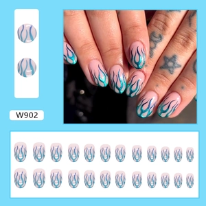 Blue flame press-on nails with aurora gradient effect and metallic finish short oval tips
