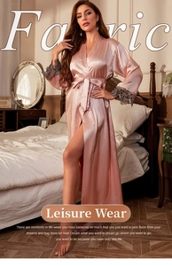 Detailed view of pink satin robe sleeve featuring delicate grey lace trim and silky fabric