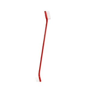 Red double-ended pet toothbrush with long handle and white nylon bristles for dogs and cats