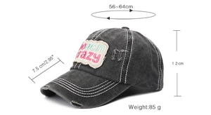 Detailed size specifications of the vintage grey beach crazy baseball cap with embroidery