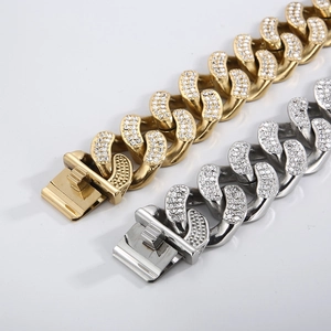 Detail of 18K gold plated Cuban link collar with high-density inlaid crystals and buckle