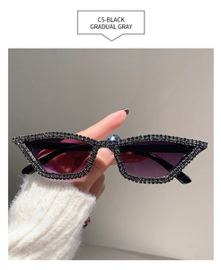 Macro detail of cat-eye sunglasses with black rhinestone frame and gradient gray lenses