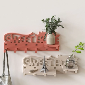 Sweet Home wall shelf with hooks and decorative carving for home storage and organization