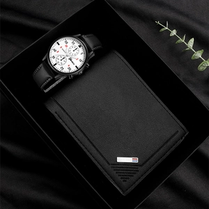 Set de regalo para hombre con reloj de cuarzo clásico y cartera de cuero negro elegante.