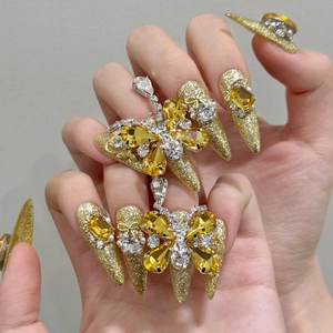 Luxury gold butterfly handmade press-on nails with sparkling rhinestones and chains
